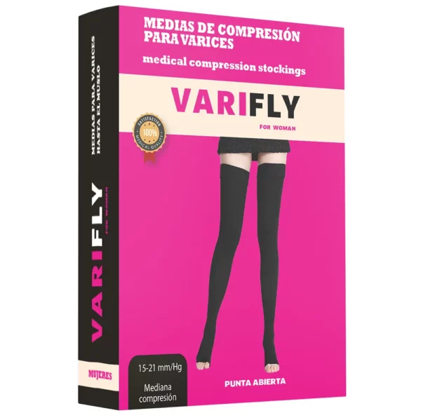 Medias de compresión para varices hasta el muslo: 15-20 mmHg, punta abierta